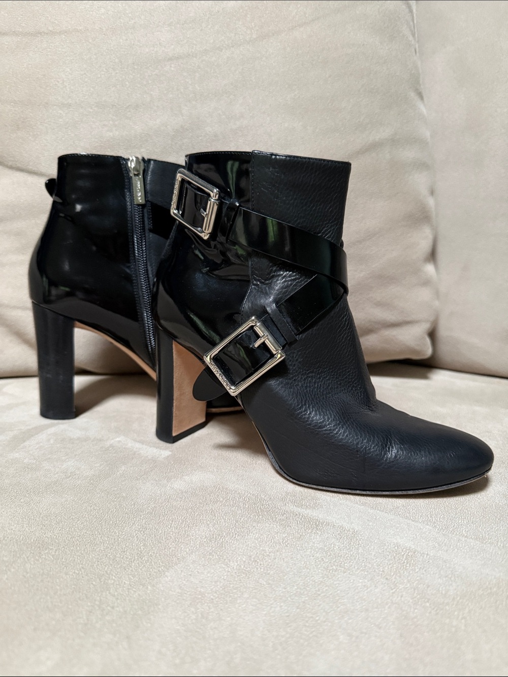 Jimmy Choo Dee 85 Black Leather & Patent Buckle Ankle Boots